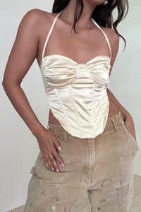 Halter Neck Ruched Satin Bustier Top