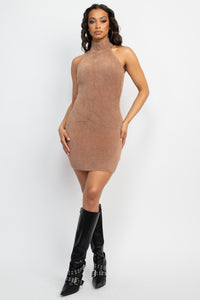 Fuzzy Knit Halter Mini Dress