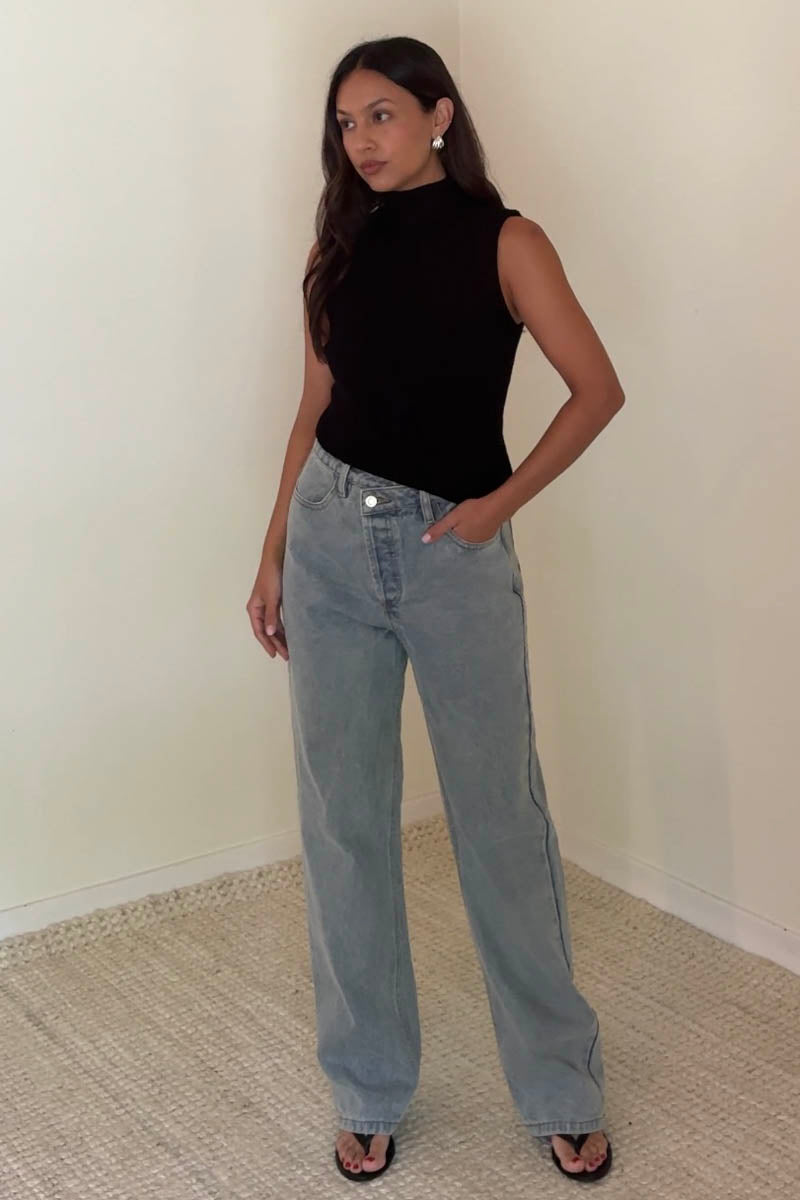 Ribbed Mock Neck Asymmetric Knit Top