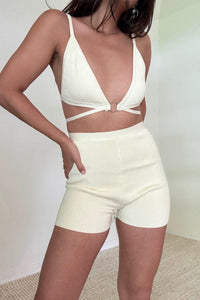 Plunge Tie Bra Top Biker Shorts Set