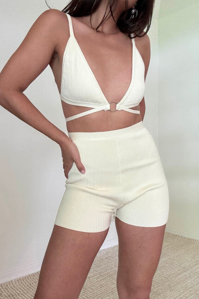 Plunge Tie Bra Top Biker Shorts Set