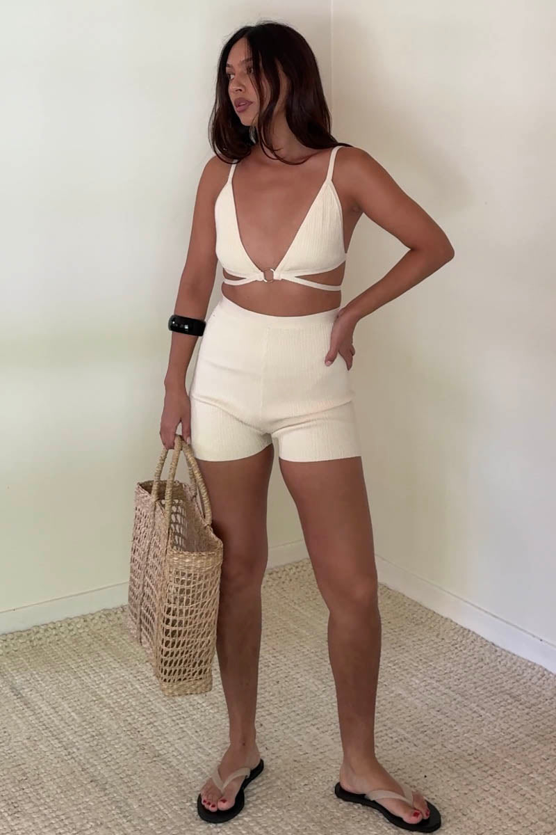 Plunge Tie Bra Top Biker Shorts Set