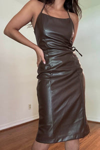 Waist Cutout Faux Leather Midi Dress