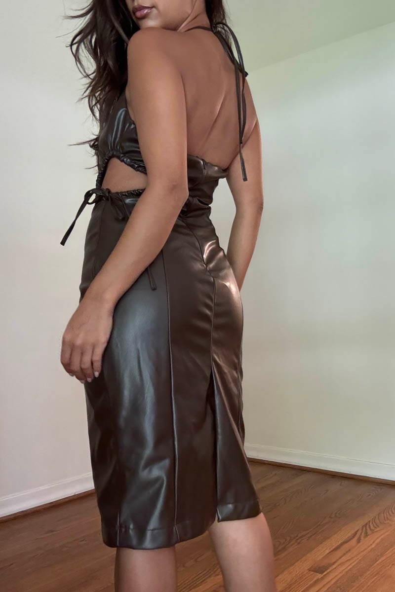 Waist Cutout Faux Leather Midi Dress
