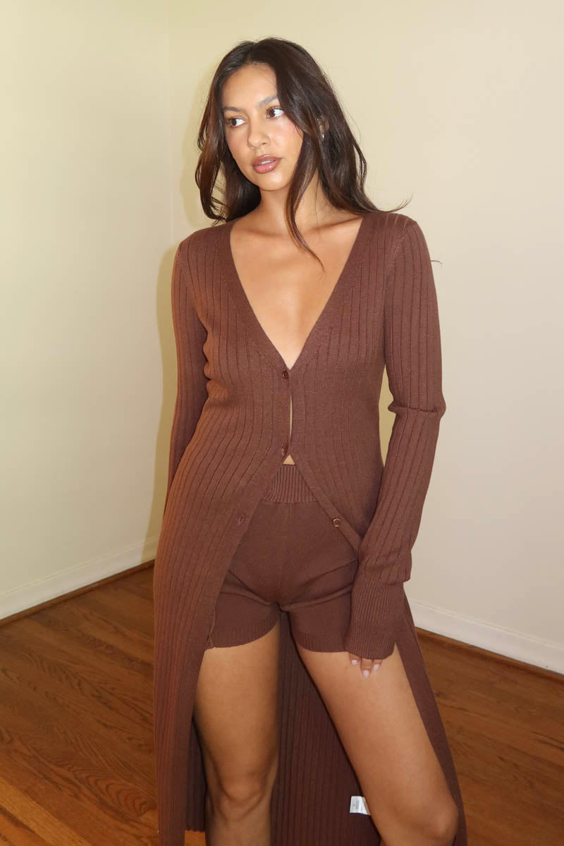 Ribbed Knit Maxi Cardigan Shorts Set