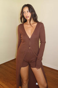 Ribbed Knit Maxi Cardigan Shorts Set