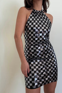 Checkerboard Sequin Halter Mini Dress