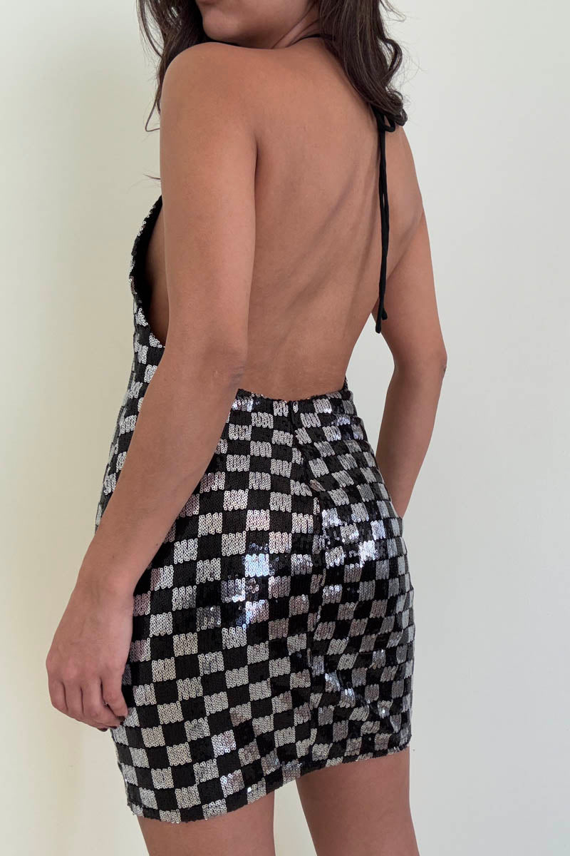 Checkerboard Sequin Halter Mini Dress
