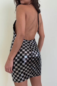 Checkerboard Sequin Halter Mini Dress