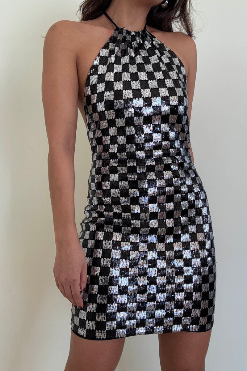 Checkerboard Sequin Halter Mini Dress