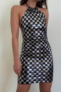 Checkerboard Sequin Halter Mini Dress