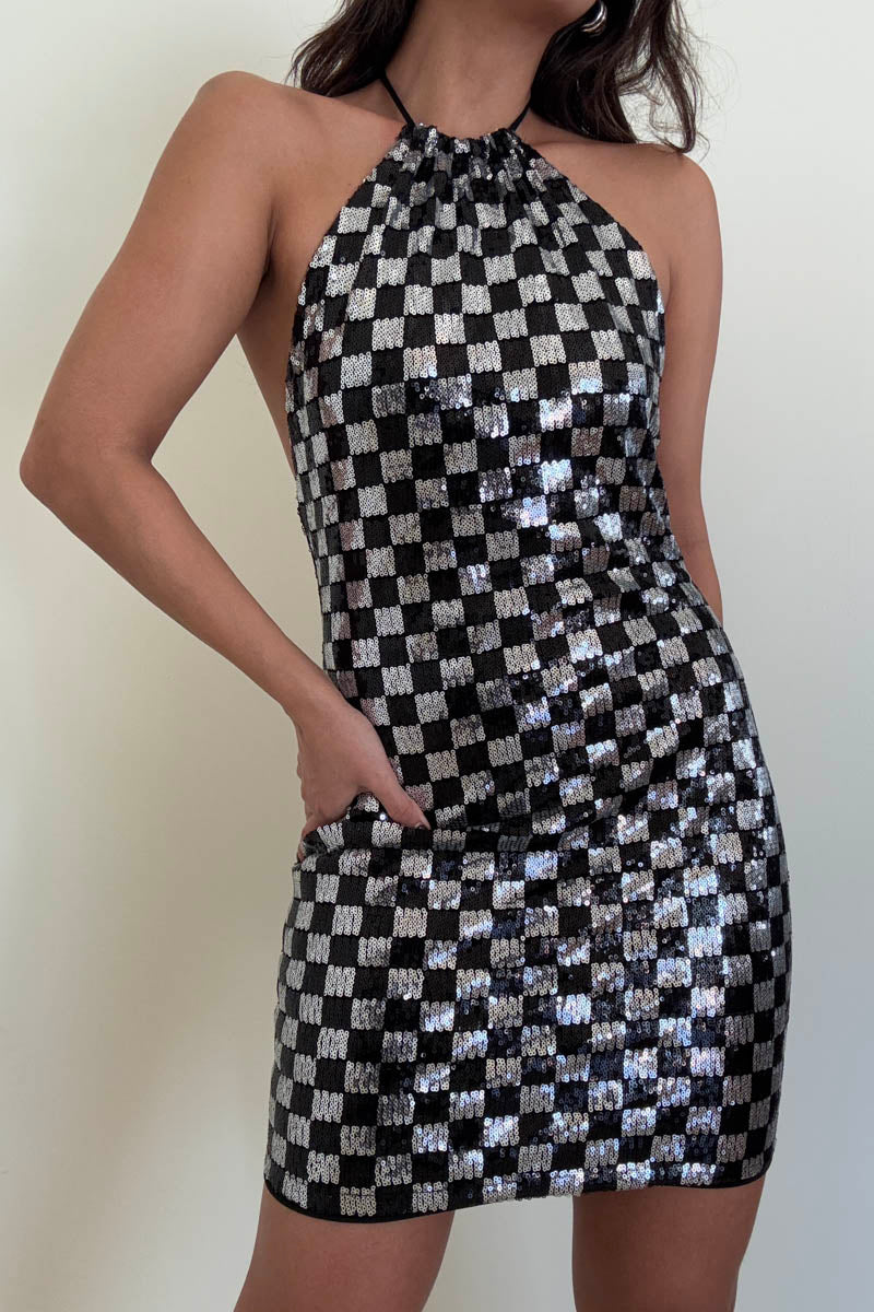 Checkerboard Sequin Halter Mini Dress