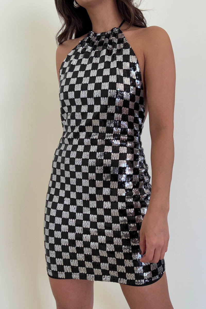 Checkerboard Sequin Halter Mini Dress