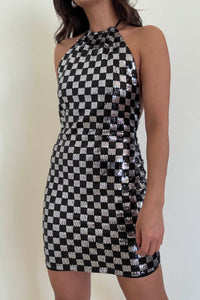 Checkerboard Sequin Halter Mini Dress
