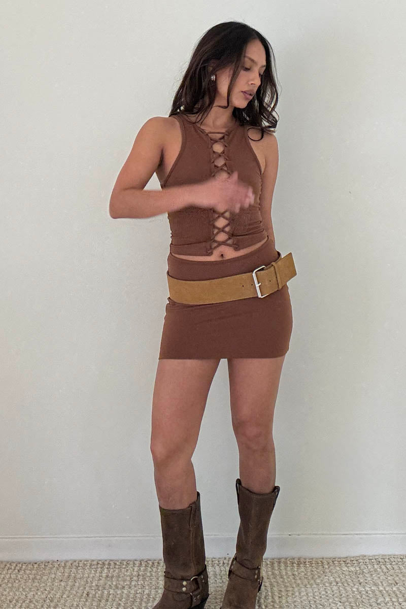 Front Lace Up Top And Skirt Set
