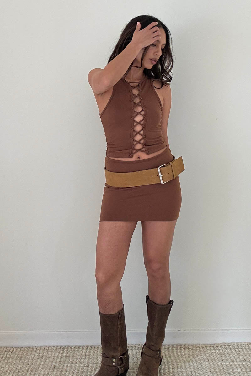 Front Lace Up Top And Skirt Set