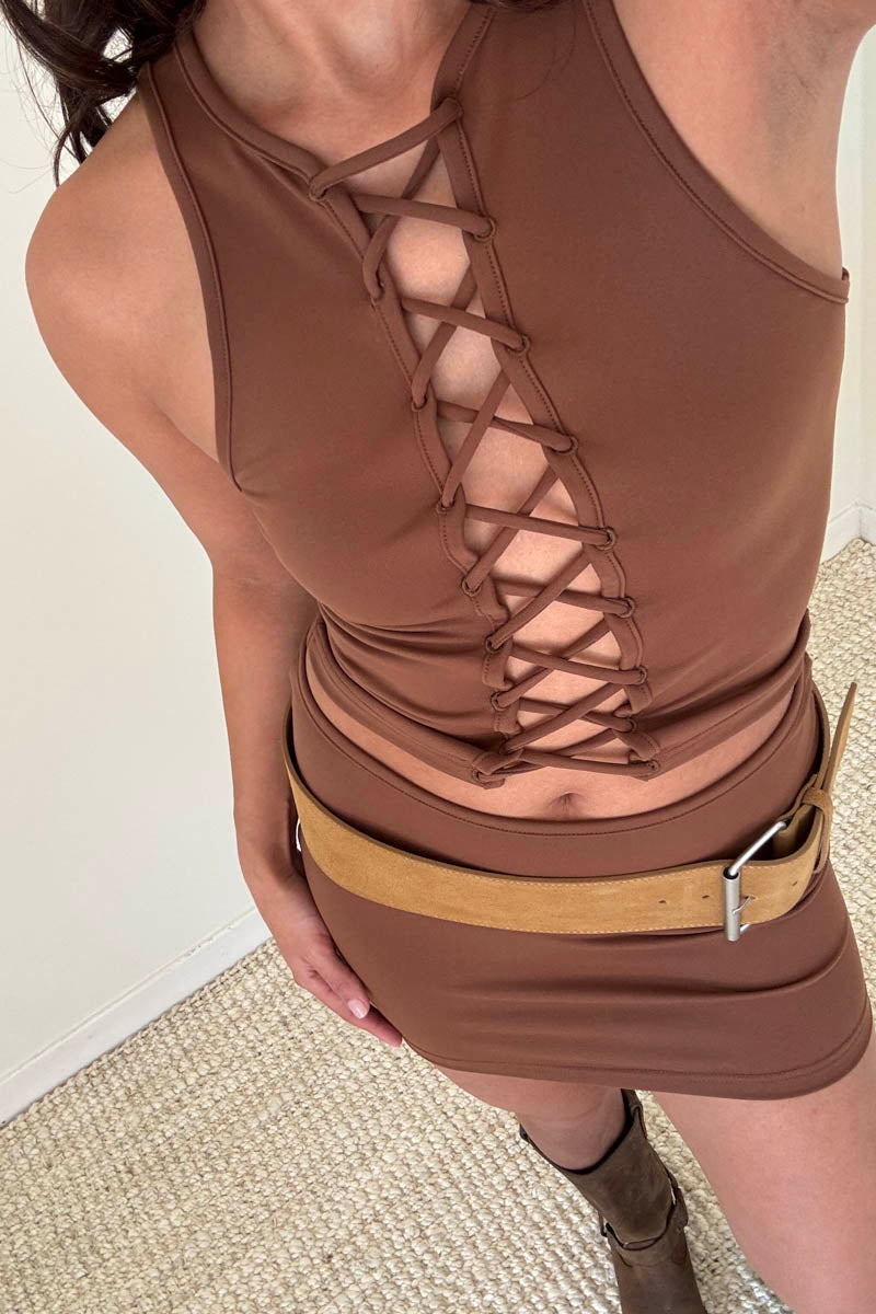 Front Lace Up Top And Skirt Set