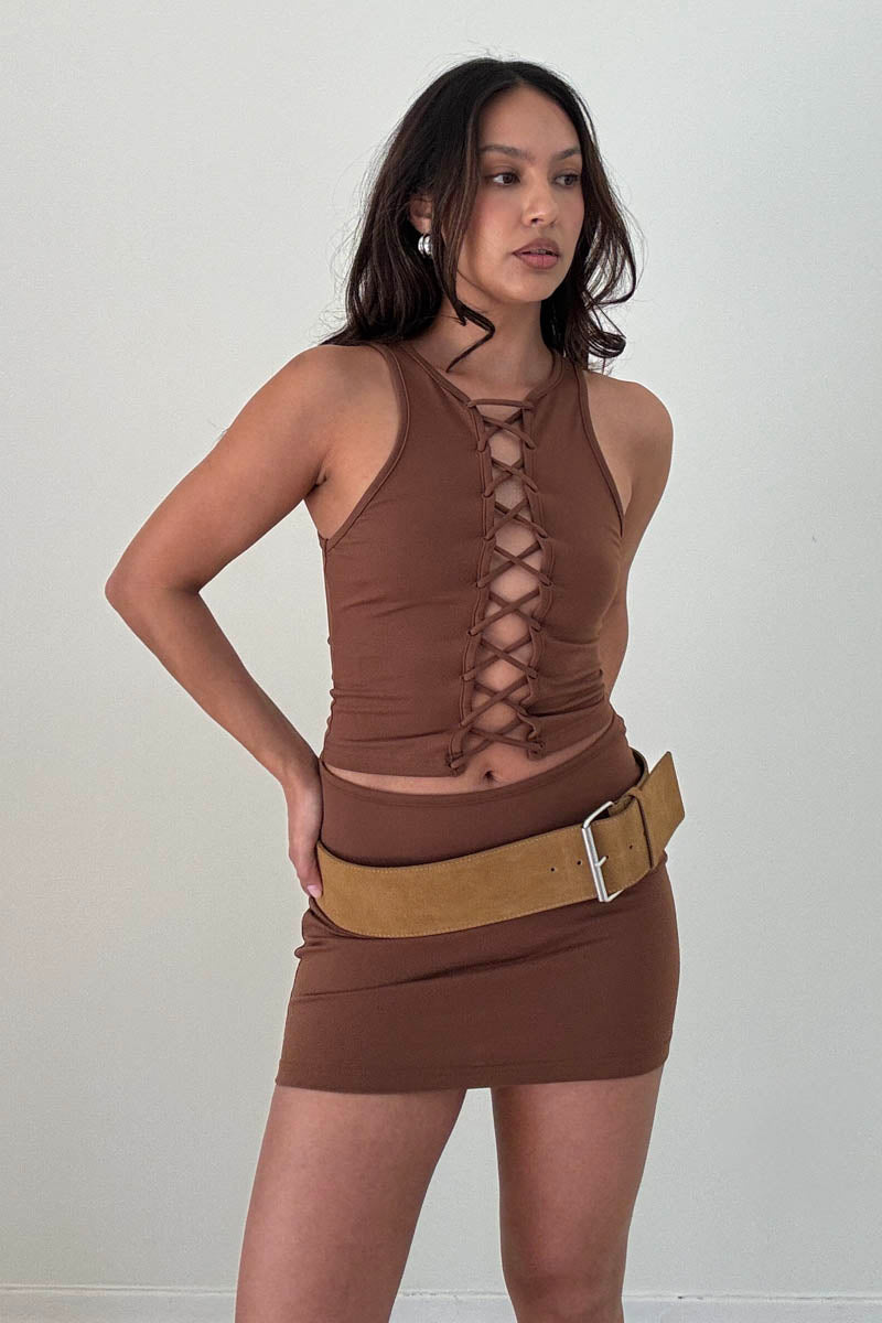 Front Lace Up Top And Skirt Set