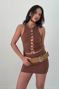 Front Lace Up Top And Skirt Set