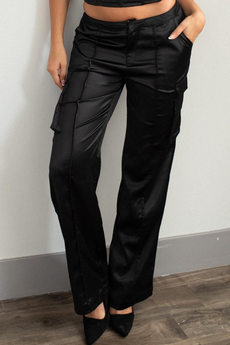 Satin Straight Leg Cargo Pants