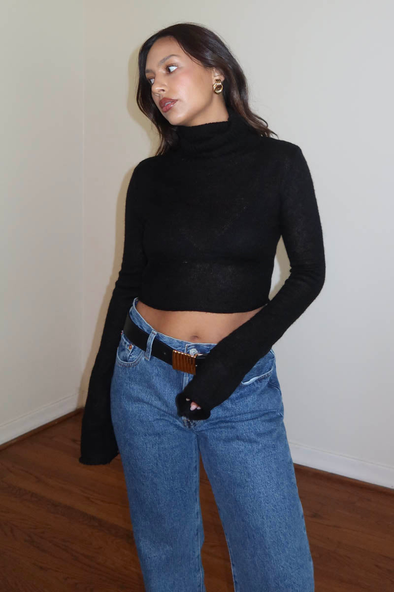 High Neck Ribbed Knit Crop Top