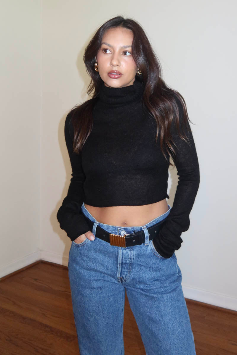 High Neck Ribbed Knit Crop Top
