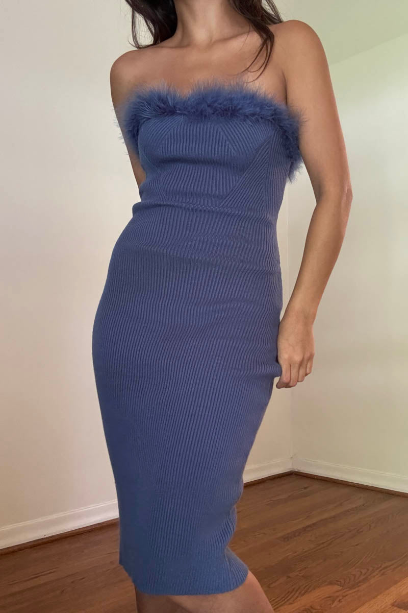 Faux Feather Trim Knit Mini Dress