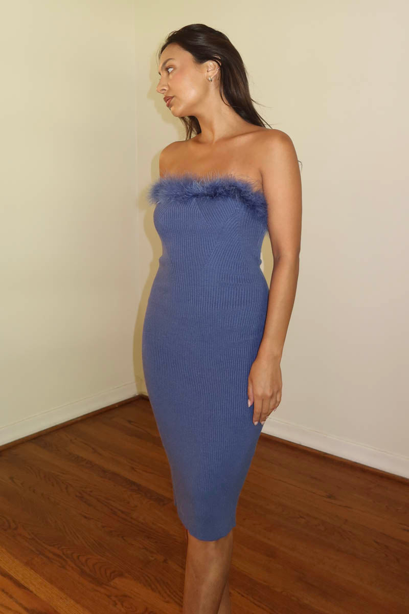 Faux Feather Trim Knit Mini Dress
