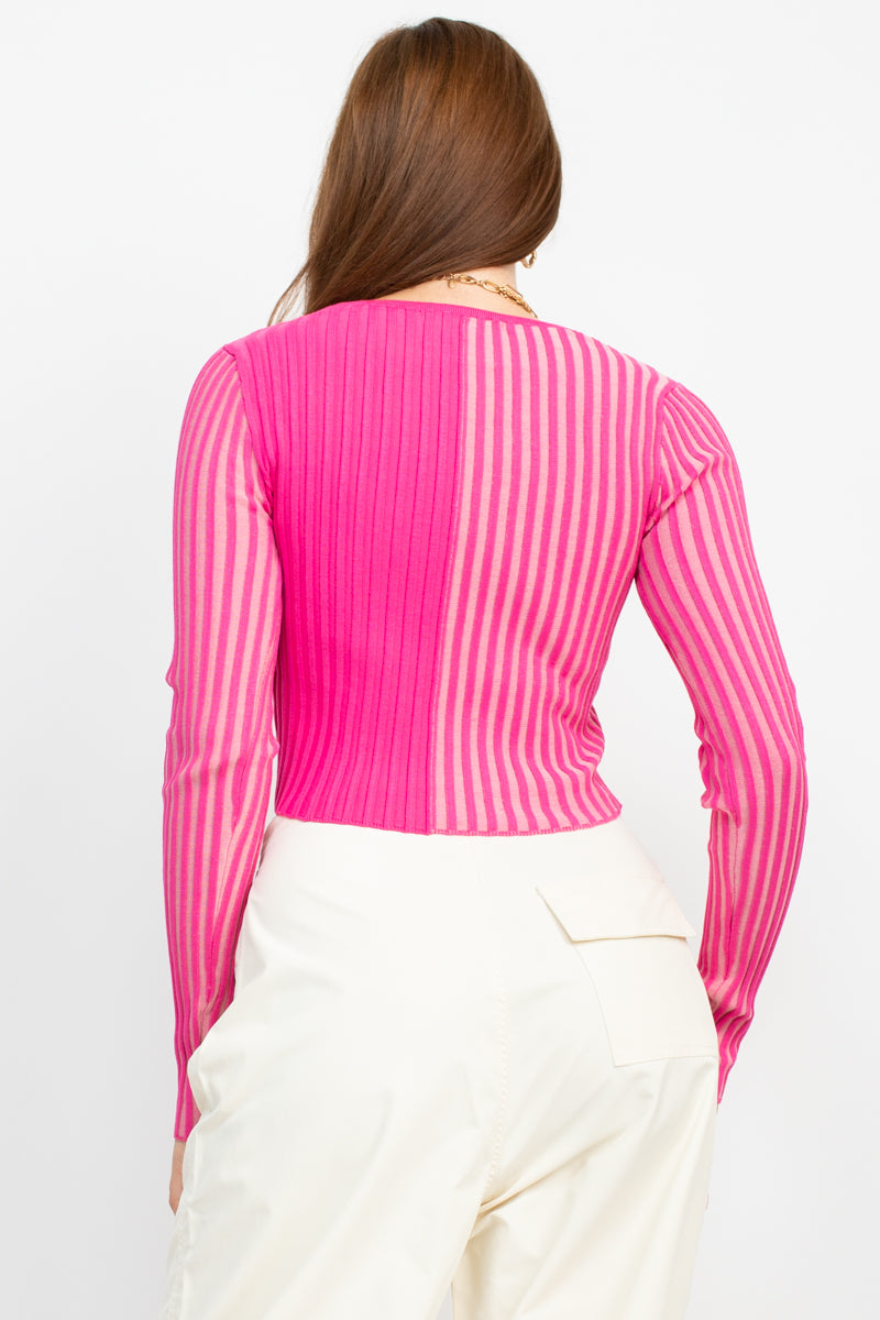Two Tone Rib Knit Long Sleeve Crop Top