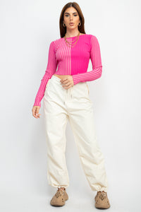 Two Tone Rib Knit Long Sleeve Crop Top