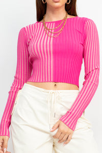 Two Tone Rib Knit Long Sleeve Crop Top