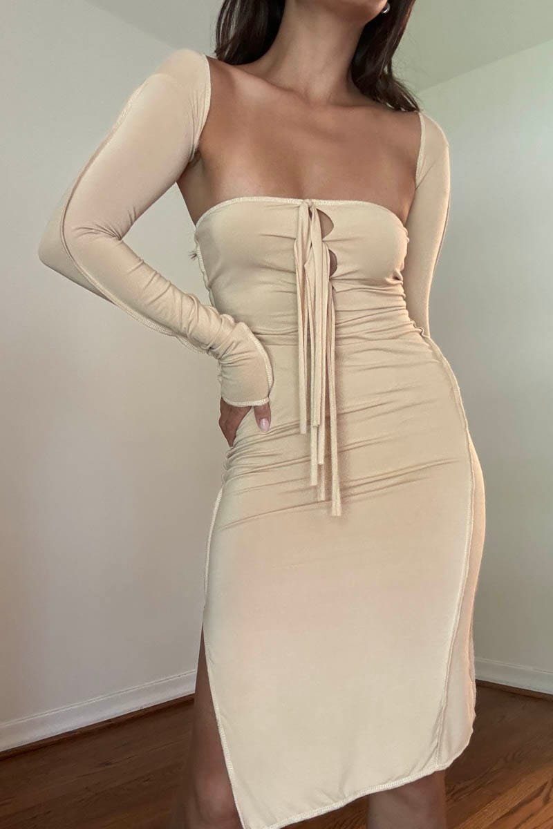Keyhole Tie-Up Midi Dress With Bolero