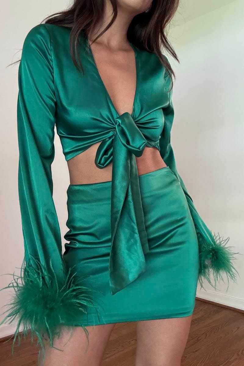Feather Detail Crop Top Mini Skirt Set