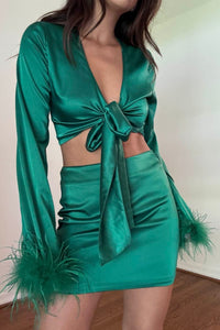 Feather Detail Crop Top Mini Skirt Set