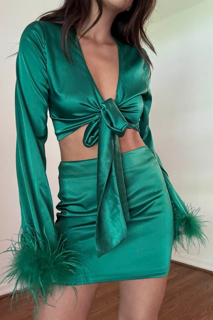 Feather Detail Crop Top Mini Skirt Set