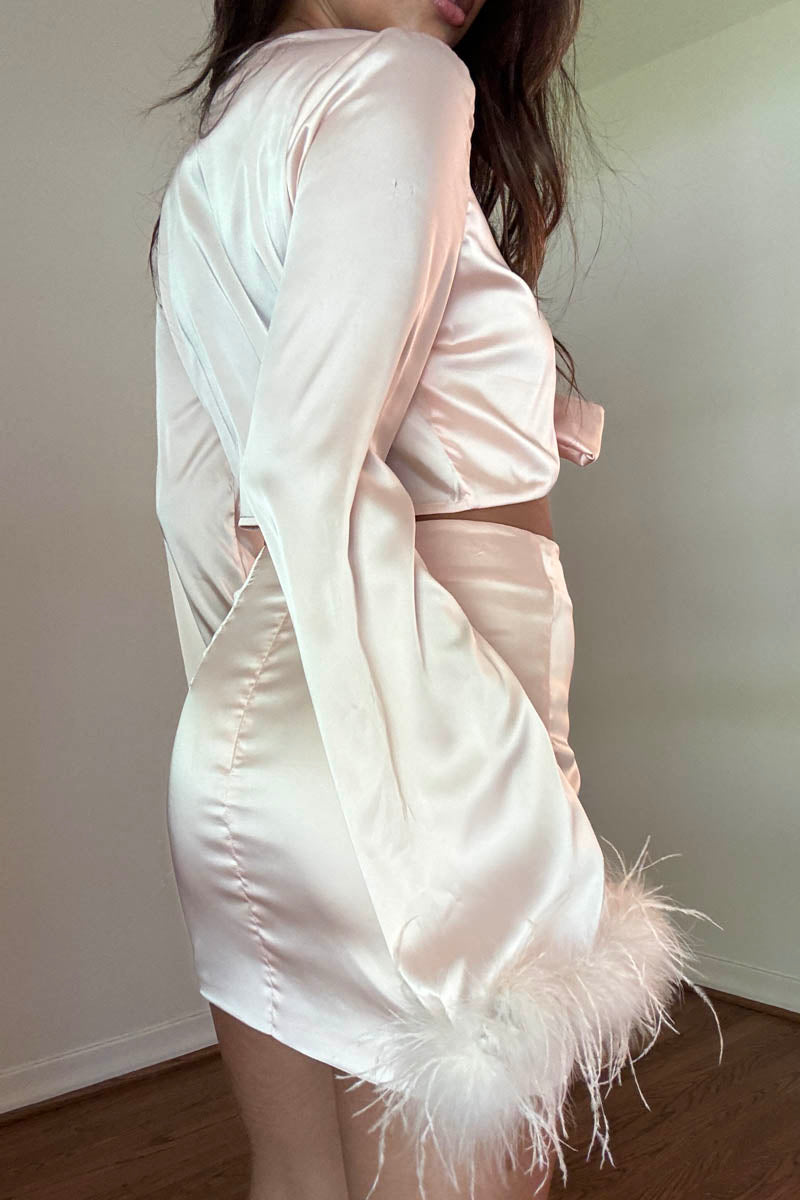 Feather Detail Crop Top Mini Skirt Set