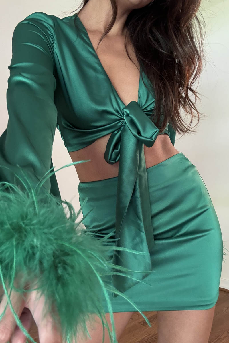 Feather Detail Crop Top Mini Skirt Set