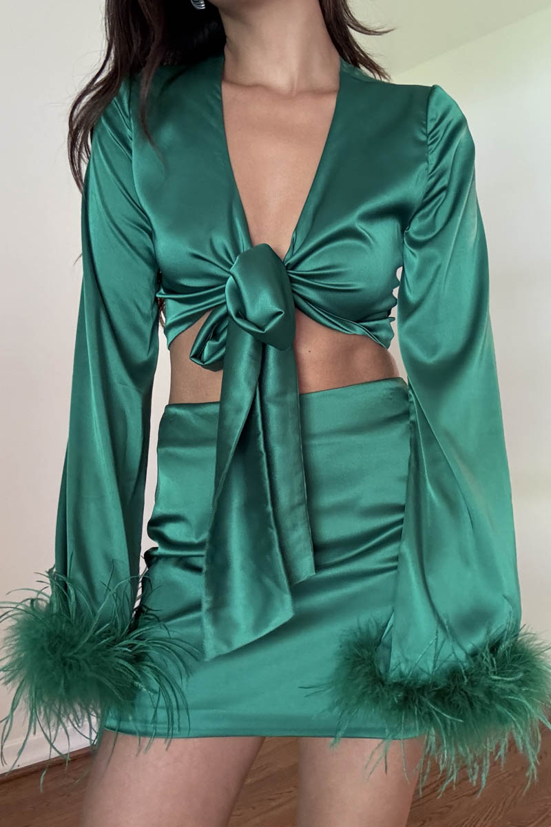 Feather Detail Crop Top Mini Skirt Set