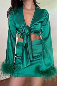Feather Detail Crop Top Mini Skirt Set