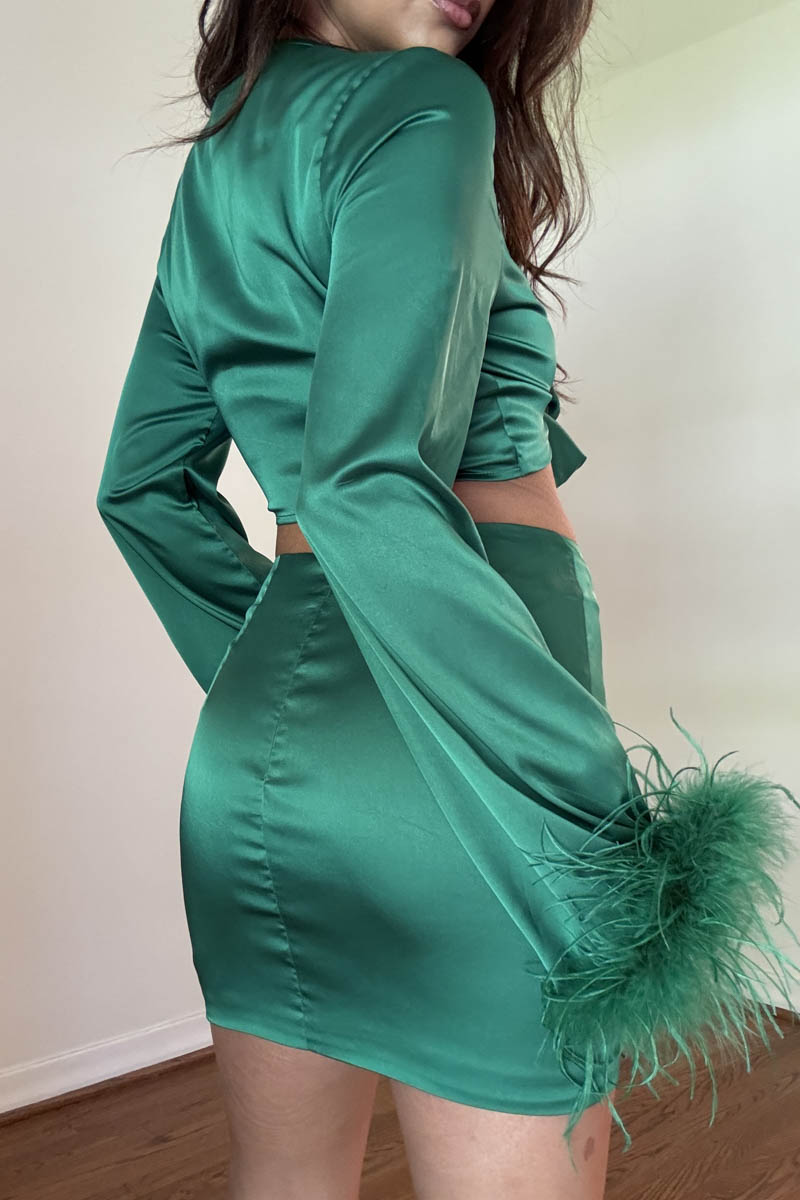 Feather Detail Crop Top Mini Skirt Set