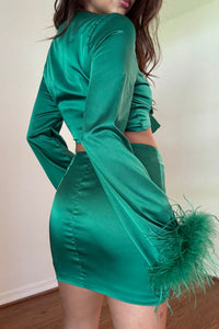 Feather Detail Crop Top Mini Skirt Set