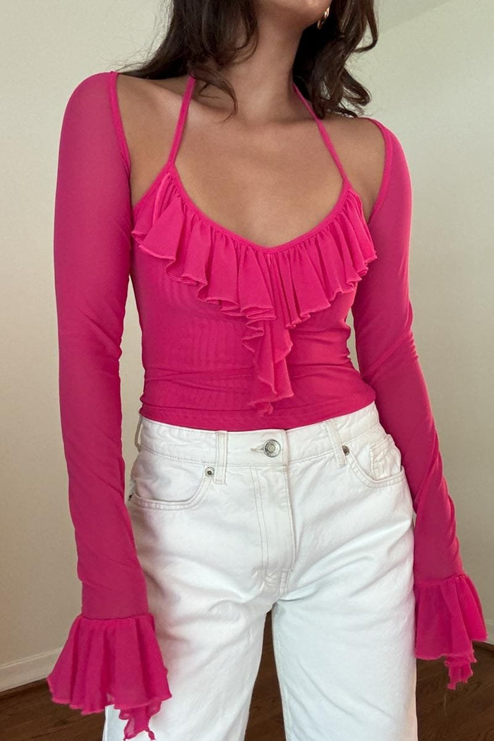 Ruffle Trim Long Sleeve Mesh Crop Top