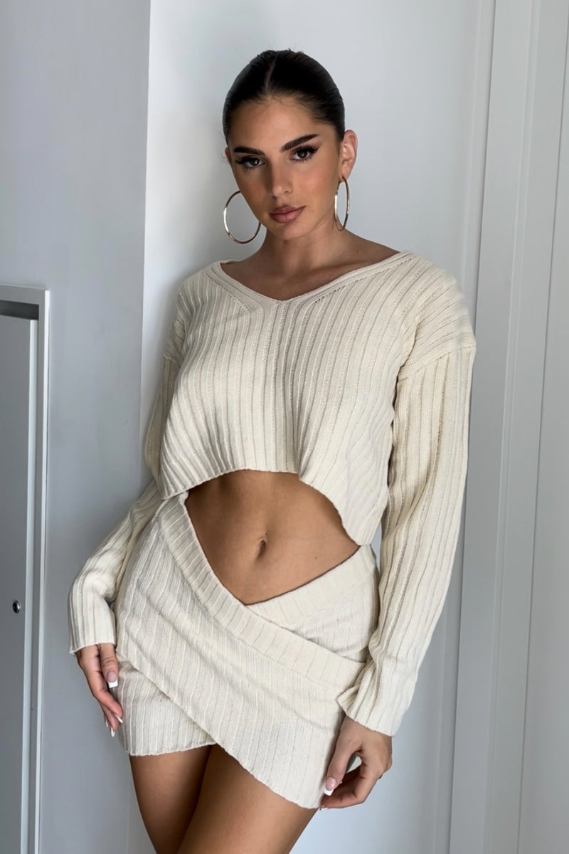 Oversized Crop Knit Top And Twisted Mini Skirt Set