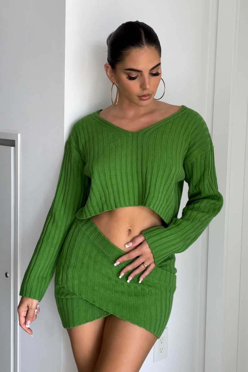 Oversized Crop Knit Top And Twisted Mini Skirt Set