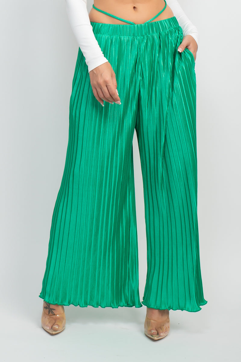 Plisse Tie Waist Wide Leg Pants