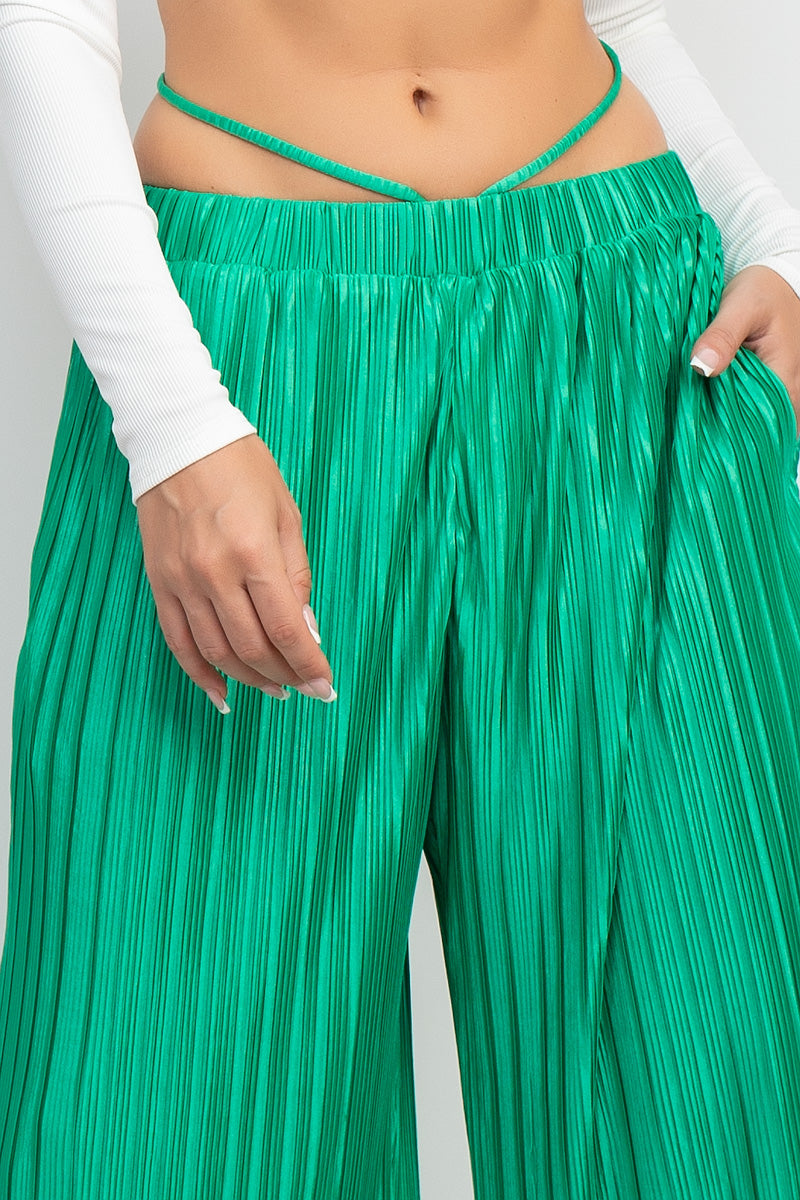 Plisse Tie Waist Wide Leg Pants