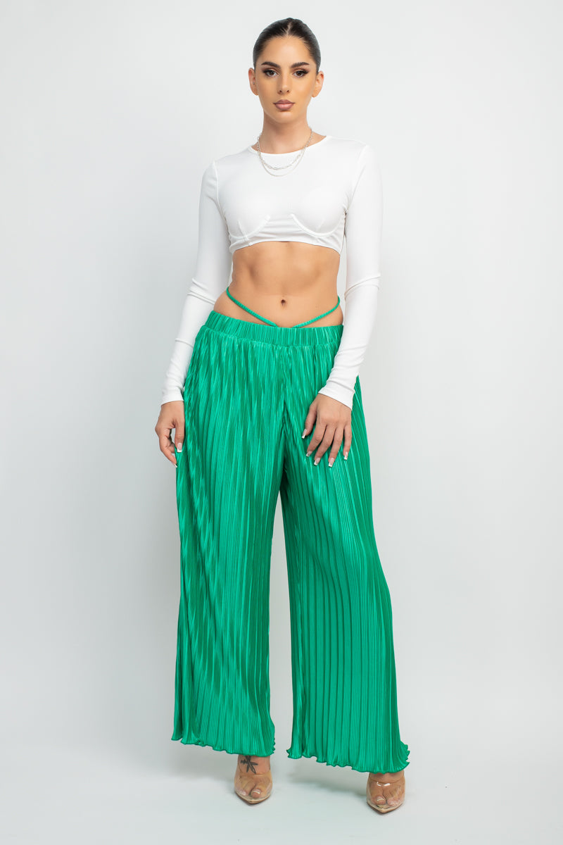 Plisse Tie Waist Wide Leg Pants