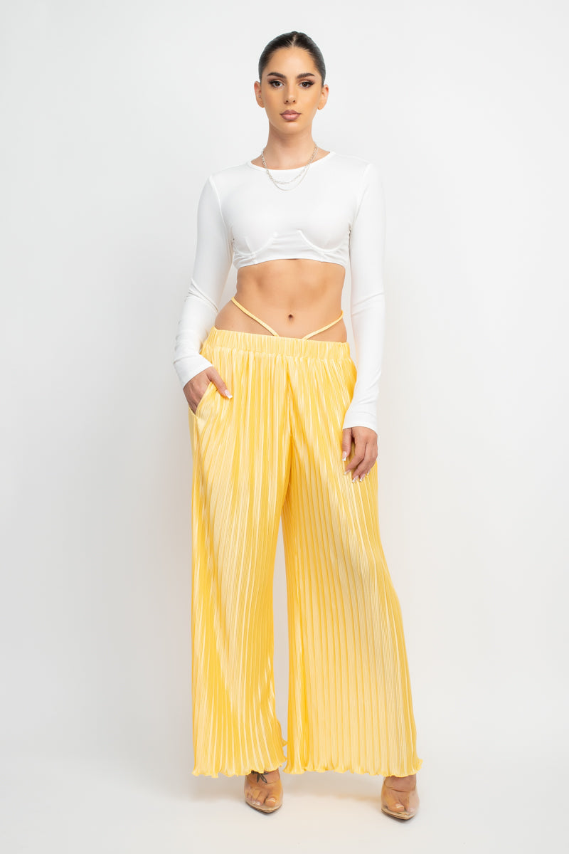 Plisse Tie Waist Wide Leg Pants