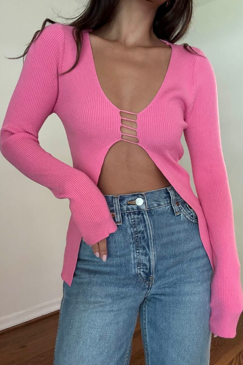 Ribbed Cutout Long Sleeve Knit Top