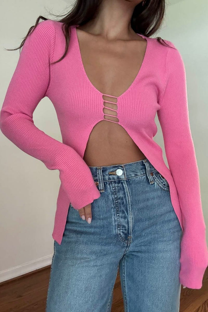 Ribbed Cutout Long Sleeve Knit Top